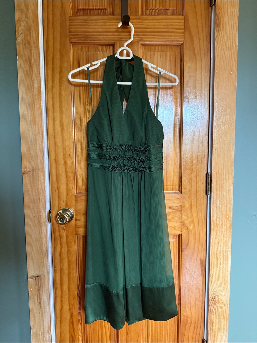 BCBGMaxAzria Deep Green One-Shoulder Halter Dress